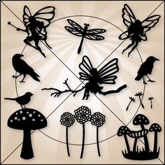 the silhouettes of different types of insects are shown in this image, including mushrooms and birds