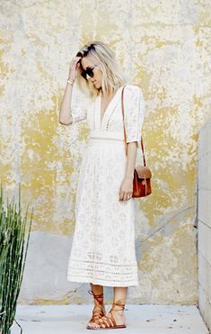 Boho Street Style Inspiration: Damsel in Dior / White Midi Dress Spring Look #johnnywas Cotton Dress For Summer, Zimmerman Dress, Boho Street Style, White Cotton Dress, Ivory Dress, Zimmermann Dress, Plunge Dress, White Midi, Dress Cream