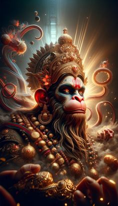 a monkey with long hair and an elaborate headdress on it's face