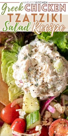 greek chicken salad recipe with cucumber, tomatoes and lettuce on top