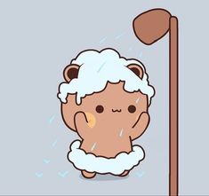 a cartoon sheep is standing next to a pole with an umbrella on it's head