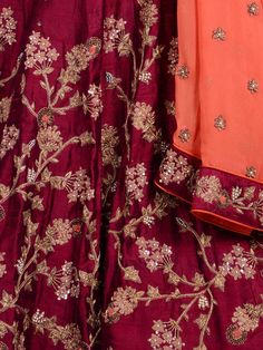 Shrut & Prit-Maroon and Orange Embroidered Bridal Lehenga Set - Trendroots