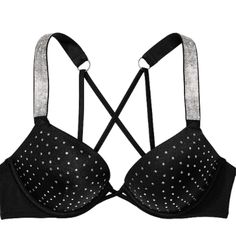 Add Some Sparkle To Your Swimsuit With This Victoria's Secret Swim Shine Strap Push-Up Rhinestone Embellished Bikini Top. The Black Bikini Top Features Studded, Beaded, And Rhinestone Accents That Will Make You Stand Out On The Beach Or The Pool. The Shine Strap Adds An Extra Touch Of Glamour To This Already Stunning Piece. This Can't-Miss Style Goes All Out With Maximum Lift And Lots Of Glitz And Glam, From The Gleaming Rhinestone Straps To The Diamantes Glittering At The Cups. Strappy Detail I Strappy Bralette, Black Bralette, Glitz And Glam, Victoria Secret Bras, Victoria Secret Swim, Victoria Secret Pink, Push Up, Black Silver, Pink Ladies