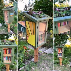 several different pictures of a book stand with plants growing out of the top and bottom