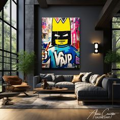 a living room filled with furniture and a painting on the wall above it's couch