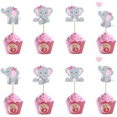 elephant cupcake toppers for baby shower party favors, pink and gray set of 12