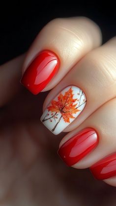 Enhance your fall style with a Maple Leaf Accent for a touch of seasonal beauty. This easy and durable design adds a charming detail to your short nails. Click the pin to see more and follow us for the latest nail inspirations! #FallNails #MapleLeafAccent #NailDesigns #ShortNails #NailArt Fall Nail Designs Maple Leaf, Fall Nails With Leaves Acrylic, Fall Nails With Leaf Design, Fall Designs Nails, Fall Nail Designs Short Nails, Leaf Nails Design, Maple Leaf Nails, Fall Leaves Nails, Fall Season Nails