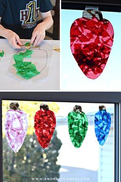 A collage of photos showing giant colorful Christmas light suncatchers hanging in a window as well as a closeup of a child's hand making one Suncatchers Craft, Christmas Suncatchers, Easy Christmas Craft, December Crafts, Christmas Art Projects, Christmas Crafts For Toddlers, Preschool Christmas Crafts, Toddler Arts And Crafts, Christmas Arts And Crafts