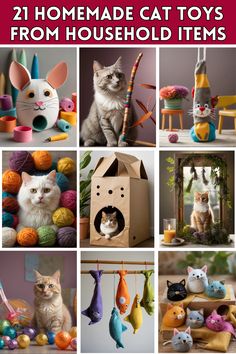 cats and kittens are featured in this collage with text that reads, 21 homemade cat toys from household items