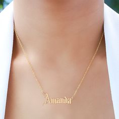 Our Old English Style Name Necklace makes a bold, beautiful statement, thanks to Beautifully detailed lettering in Latin Old English Script, choose any name or word to celebrate yourself or someone you love. Unique, unexpected style that makes this necklace an absolute standout.Can be personalized with a name of up to 10 letters. Old English Script, Old English Style, Old English Names, Monogrammed Cufflinks, Celebrate Yourself, Leather Kits, Name Necklace Silver, English Name, Swarovski Heart