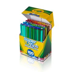 a box of crayons sitting in front of a white background with the words super tips written on it