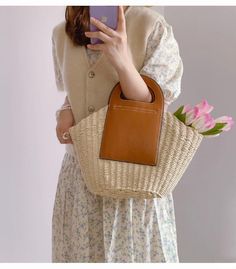 Elena Handbags Straw & Leather Top-Handle Summer Bag Straw Weaving, Straw Bags, Summer Bag, Leather Accents, Jute Bags, Outfit Making, Bag Light, Basket Bag, Handle Design