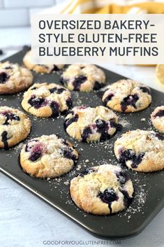 blueberry muffins on a baking tray with text overlay