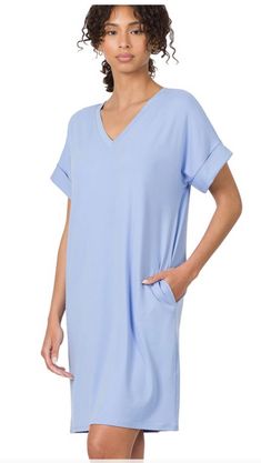 Buttery soft, rolled sleeve, pockets Zenana dress. Perfect for Spring & Summer throw on and go, dress up with heels or use as swimsuit cover-up. Mod Look, Womens Shift Dresses, Tee Shirt Dress, Blue V, Nice Shorts, Swimsuit Cover, Blue Dress, Half Sleeves, T Shirt Dress