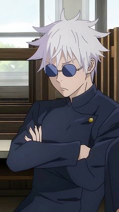 an anime character with white hair and sunglasses