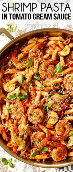 shrimp pasta in tomato cream sauce with basil