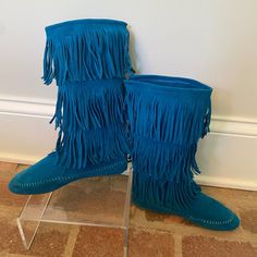 Rasolli Fringe Moccasin Style Boot Size 6 (Measurements In Photos) Faux Suede Bright Vibrant Blue/Teal Back Zipper Cute Festival , Boho, Western Boot Never Worn! Blue Suede Casual Moccasins, Blue Casual Moccasins With Flat Heel, Blue Casual Flat Heel Moccasins, Casual Blue Suede Moccasins, Blue Closed Toe Moccasins With Rubber Sole, Fringe Moccasin Boots, Minnetonka Boots, Fringe Moccasins, Moccasins Style