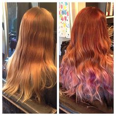 Copper And Purple Hair, Ginger And Purple Hair, Red Hair With Purple Ends, Purple To Red Ombre Hair, Pink To Red Ombre Hair, Dyed Ends Of Hair, Sunset Hair Color Ombre Purple, Purple Red Orange Ombre Hair, Lavender Hair Ombre