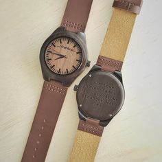 "This personalized wood watch can be engraved with your own message to make a great gift for your boyfriend or any man in your life. The leather strap and wooden case blend style and sophistication together in one beautiful piece. The dial behind the scratch-resistant glass is made of premium walnut hardwood and the case is made from exotic Brazilian ebony. It also features genuine Japanese Miyota Quartz movement. The back of the case can be engraved with your own unique message. Engraving: Choo Engraved Brown Watches For Gift, Engraved Brown Watches For Gifts, Engraved Brown Watches As Gift, Brown Engraved Watch For Gift, Brown Engraved Watches As Gifts, 50th Birthday Gifts For Men, Engraved Watch, Boyfriend Watch, Engraved Wallet