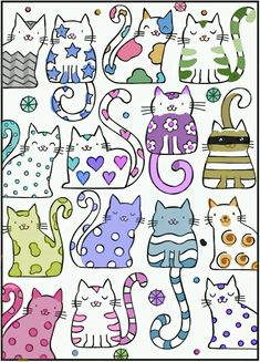 a group of cats with numbers and hearts on the front, surrounded by other cats