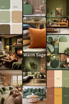 a collage of living room and bedroom color schemes with green, brown, yellow