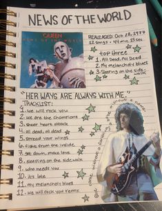 an open notebook with the words news of the world written on it and pictures of rock stars