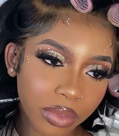 Cool Skin Makeup Looks, Purple Makeup Looks For Black Women Prom, Glam Prom Makeup Looks, Diamond Make Up Looks, Pink Prom Makeup Looks Black Women, Glitter Under Eyes Make Up Black Women, Prom Makeup For Brown Eyes Pink Dress, Glam Makeup With Rhinestones, Royal Blue Makeup Looks Black Women