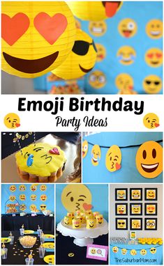 emoji birthday party ideas with lots of emoji decorations and pictures on the wall