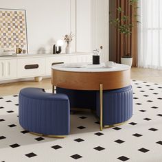 a living room with black and white tiles on the floor, two blue stools in front of a round coffee table