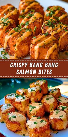 crispy bang bang salmon bites on a plate