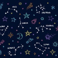 stars and zodiac signs on a dark blue background