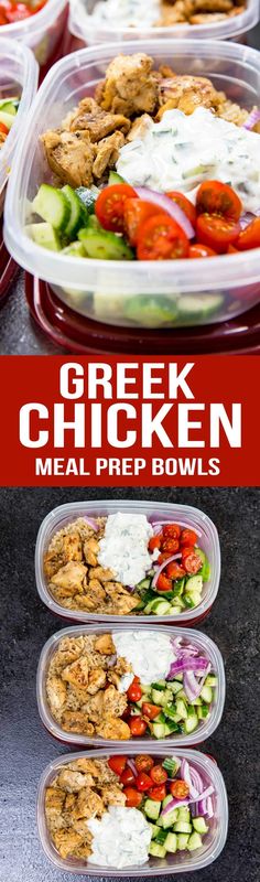 greek chicken meal prep bowls in plastic containers with the words greek chicken meal prep bowls