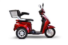 a red scooter is parked on a white background with the basket attached to it's seat