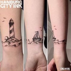 three different views of a lighthouse tattoo on the left wrist and right arm, with an image of a sailboat in the background