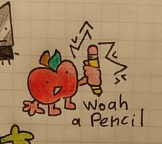 a drawing of an apple holding a pencil in it's right hand and writing on the left