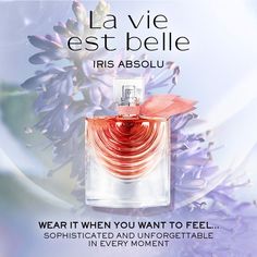 Introducing a new irresistible interpretation of La vie est belle: Iris Absolu, containing an alluring concentration of Iris and composed of an irresistible floral heart: Iris Pallida, Notes of Jasmine Sambac, Patchouli essence, and facetted by an ambery signature containing fruity accents of fig and blackcurrant. The perfume features sparkling fruity green notes, blending iris & fig with a gourmand trail. The iconic La vie est belle bottle is reinvented with an infinite crystal smile, encapsulating a new intensity of iris. Known as the blue gold in perfumery, iris is one of the most precious ingredients in the perfumer's palette. Iris Absolu contains the highest concentration of iris in the La vie est belle family. WARM, SWEET, & CRISP MORE POWERFUL MORE CONCENTRATED | Lancôme La Vie Est Idole Lancome Perfume, Iris Perfume, Lancome La Vie Est Belle Perfume, Lancome La Vie Est Belle, La Vie Est Belle Perfume, Iris Pallida, Lancome Idole Nectar, Jasmine Sambac, Green Notes