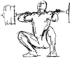 a black and white drawing of a man doing squats with a barbell on his back