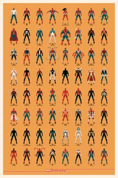 the ultimate spider - man poster is shown on an orange background, with many different poses and