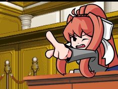 an animated image of a woman giving the thumbs up in front of a courtroom scene