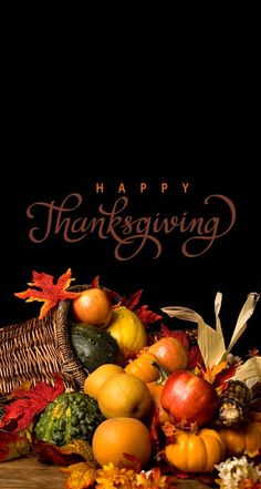 a thanksgiving card with pumpkins, gourds and other autumn leaves on a table