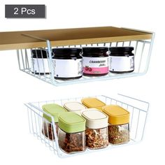 two shelves holding jars and containers on top of each other, one shelf holds spices