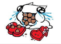 a drawing of a teddy bear holding two red heart shaped boxes with water coming out of it