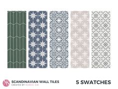 five swatches for scandinavian wall tiles in different colors and patterns, with the text 5 swatches