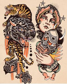 an old school tattoo design with a tiger and woman holding a cat on it's back