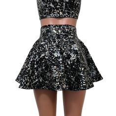 Holo Splatter Skater Skirt Holographic Circle Mini Skirt– Peridot Clothing Metallic Flared Skirt For Night Out, Metallic Disco Skirt For Party, Disco Style Metallic Skirt For Party, Metallic Stretch Skirt For Party, Stretch Metallic Mini Skirt For Party, Metallic Stretch Mini Skirt For Party, Rave Mini Skirt For Night Out, Spring Rave Party Skirt, Rave Skirt For Spring Party