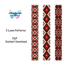 three red and black beaded bracelets with the words 3 loom patterns