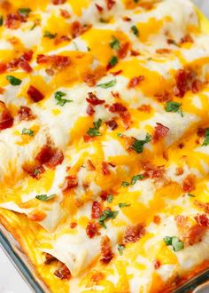 a casserole dish with cheese and bacon