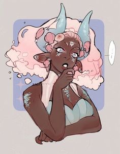 a drawing of a woman with horns on her head and hands to her face, in front of a pink background