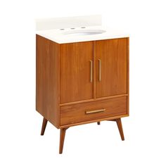 a wooden cabinet with a white sink on it's top and two drawers underneath