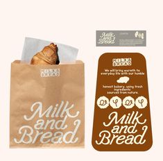 an image of a bag with bread in it and stickers on the side that say milk and bread